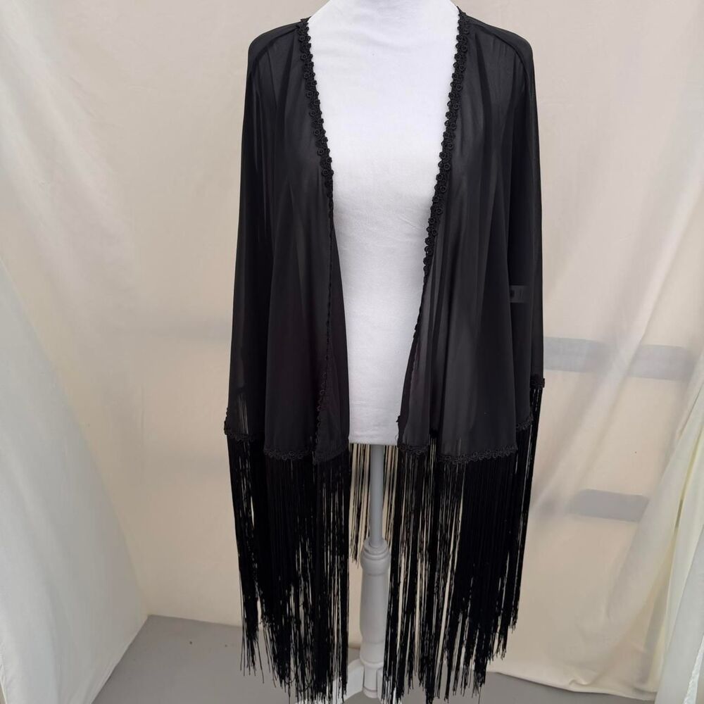 Black Sheer Fringe Cardigan Shawl Wrap Women's Size 2XL Festival Country Goth